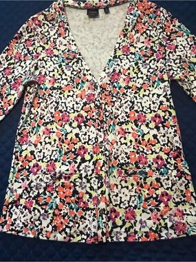 Rafaella Multicolor Floral-Print Trim Cotton Cardigan